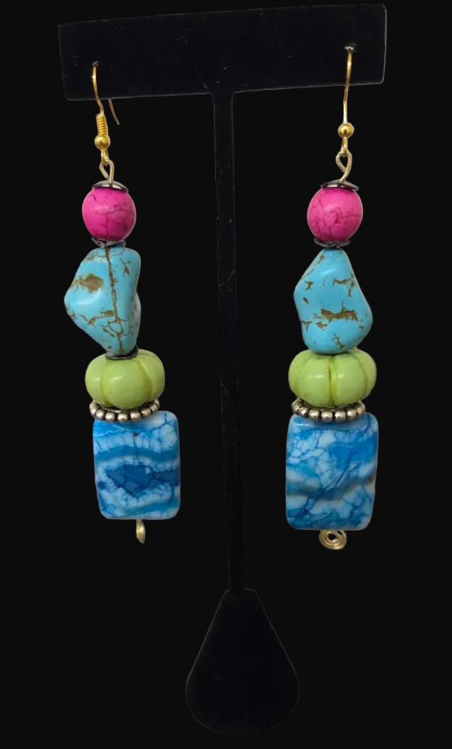 Multi-Colored Gemstone Beaded Dangle Pierced Earrings - OOAK