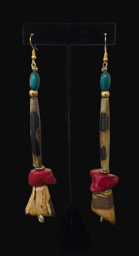 Exotic Jungle And Red Coral Shoulder Duster Pierced Earrings - OOAK