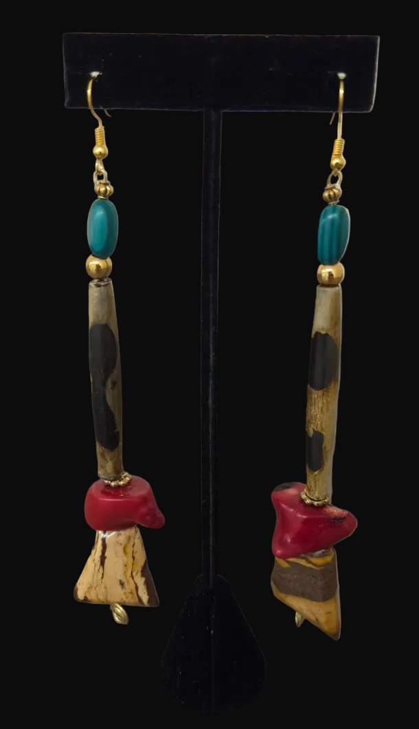 Exotic Jungle And Red Coral Shoulder Duster Pierced Earrings - OOAK