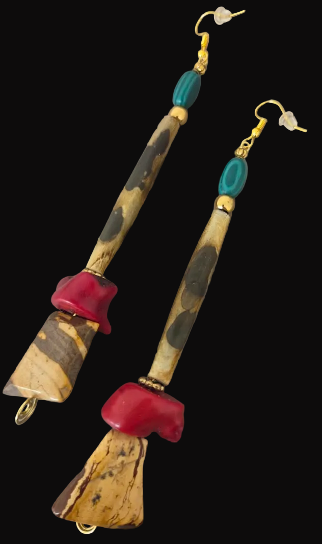 Exotic Jungle And Red Coral Shoulder Duster Pierced Earrings - OOAK