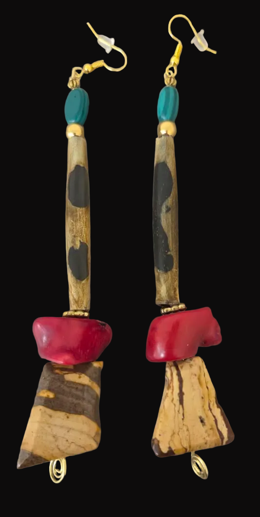 Exotic Jungle And Red Coral Shoulder Duster Pierced Earrings - OOAK