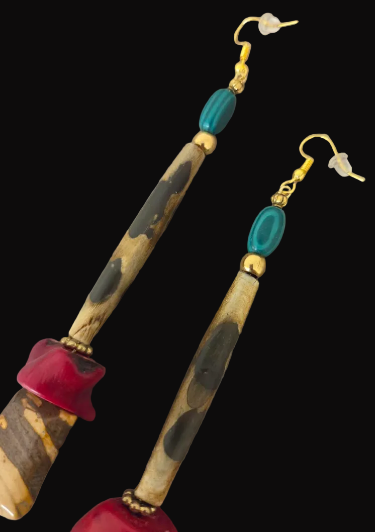 Exotic Jungle And Red Coral Shoulder Duster Pierced Earrings - OOAK