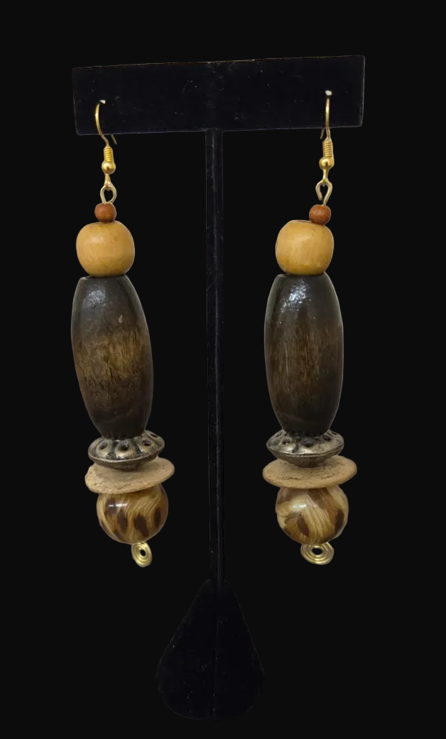 Earth Tone Beaded Long Tibal Pierced Earrings - Leopard Accent