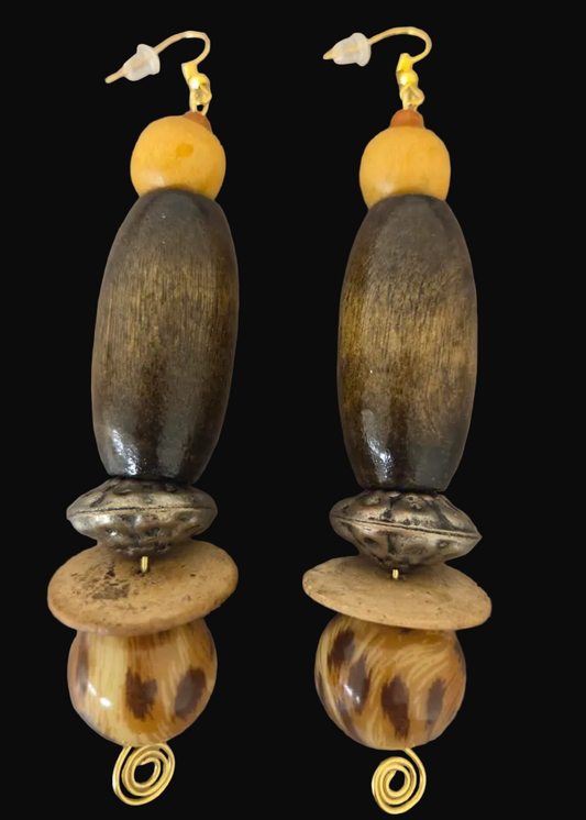 Earth Tone Beaded Long Tibal Pierced Earrings - Leopard Accent