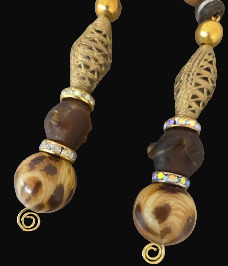Earth Tone Beaded Shoulder Duster Pierced Earrings - Leopard & Brass