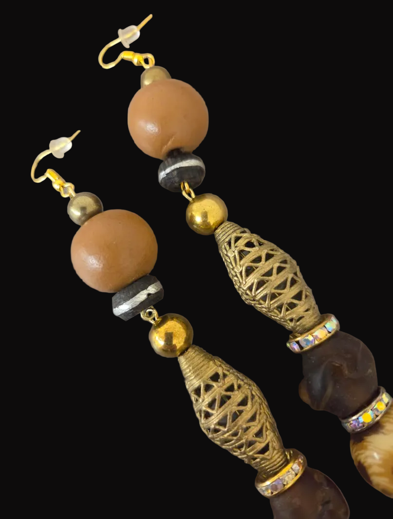 Earth Tone Beaded Shoulder Duster Pierced Earrings - Leopard & Brass