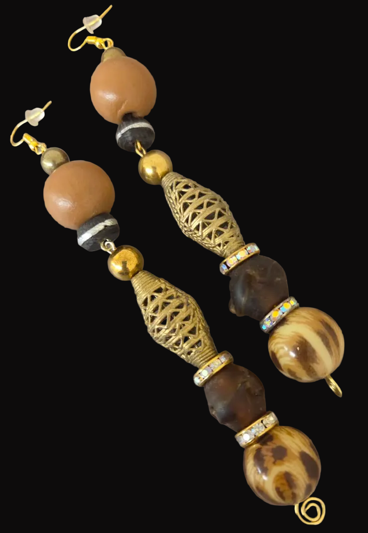 Earth Tone Beaded Shoulder Duster Pierced Earrings - Leopard & Brass