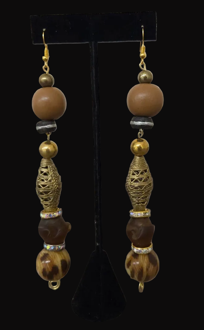 Earth Tone Beaded Shoulder Duster Pierced Earrings - Leopard & Brass