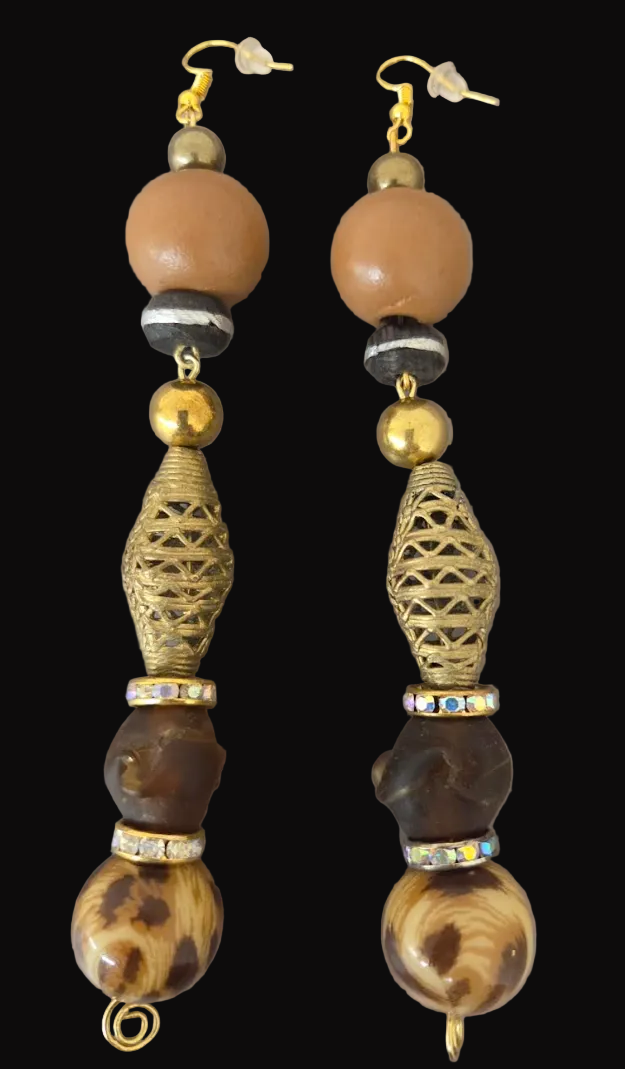 Earth Tone Beaded Shoulder Duster Pierced Earrings - Leopard & Brass