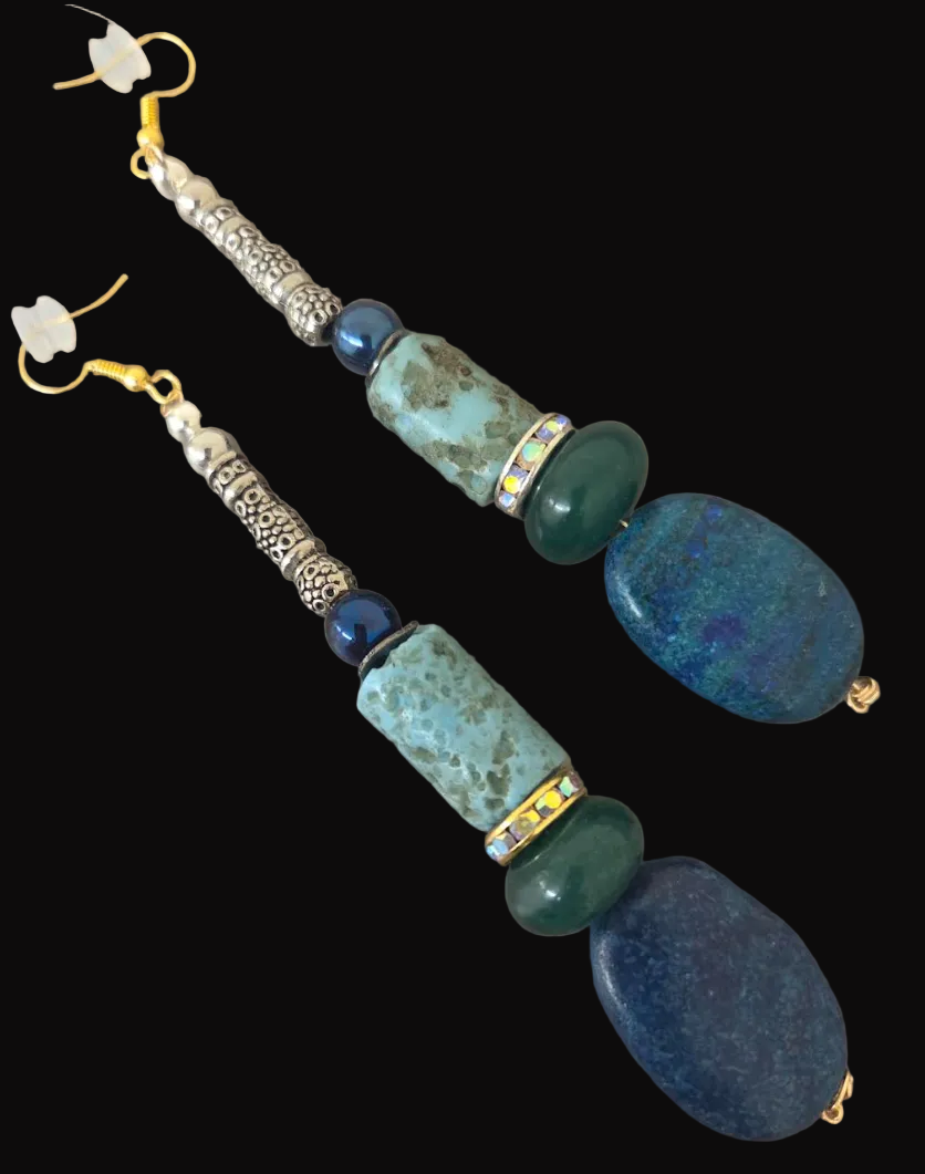 Blue and Green Mixed Gemstone Long Pierced Earrings with Metal Tubes