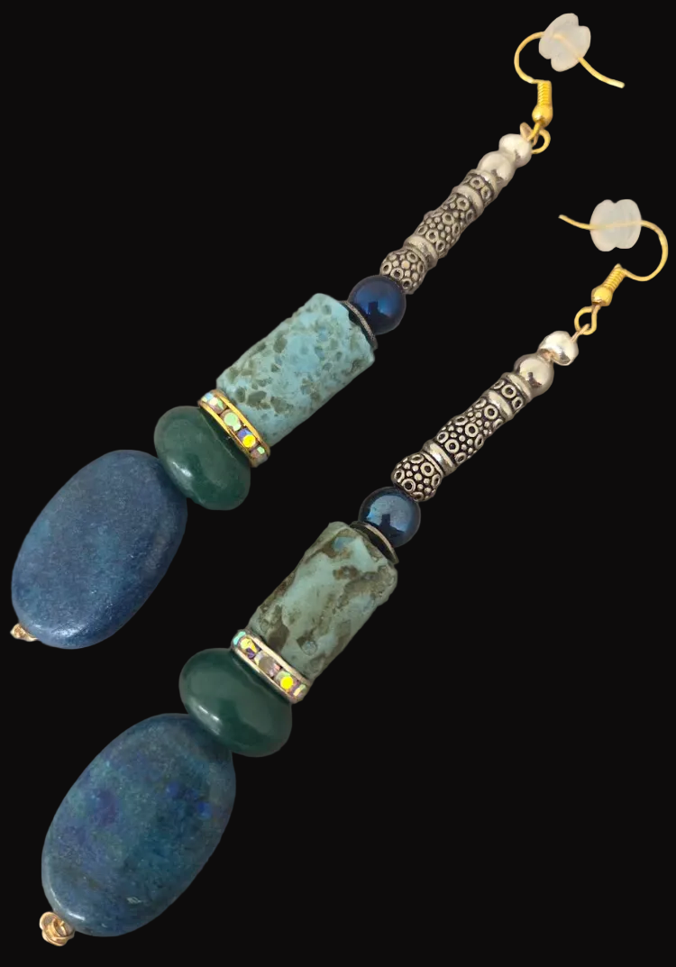 Blue and Green Mixed Gemstone Long Pierced Earrings with Metal Tubes