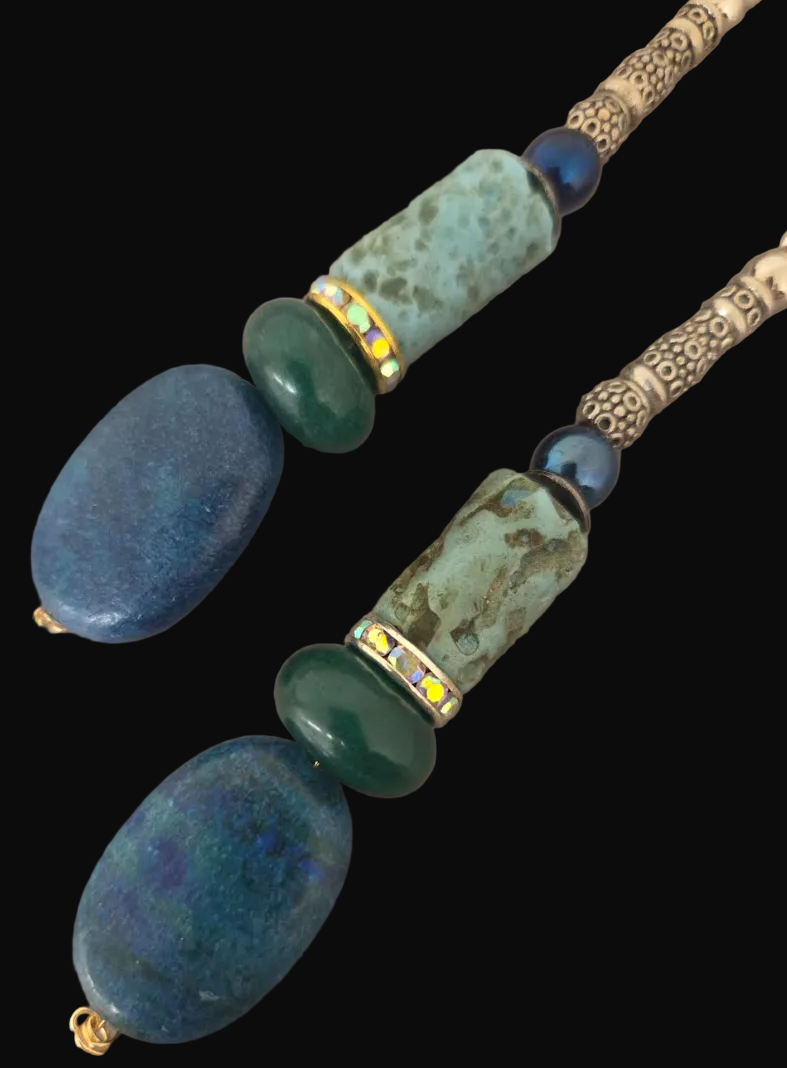 Blue and Green Mixed Gemstone Long Pierced Earrings with Metal Tubes