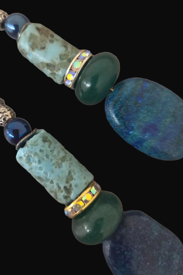 Blue and Green Mixed Gemstone Long Pierced Earrings with Metal Tubes