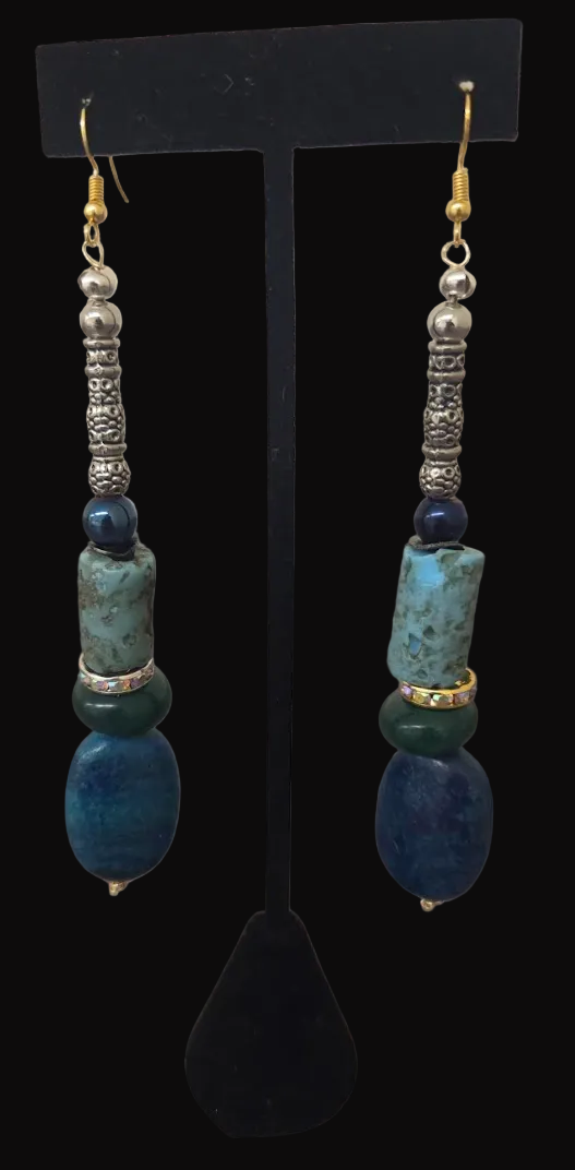 Blue and Green Mixed Gemstone Long Pierced Earrings with Metal Tubes