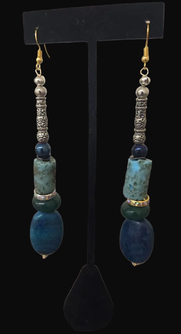 Blue and Green Mixed Gemstone Long Pierced Earrings with Metal Tubes