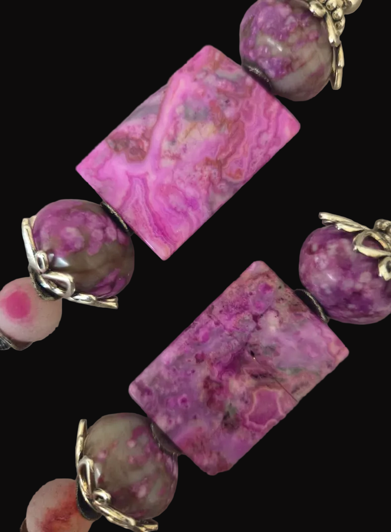 Pink Purple & Gray Gemstone Beaded Dangle Pierced Earrings - Bridal