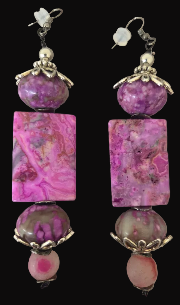 Pink Purple & Gray Gemstone Beaded Dangle Pierced Earrings - Bridal