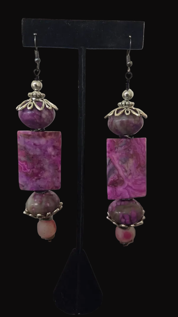Pink Purple & Gray Gemstone Beaded Dangle Pierced Earrings - Bridal
