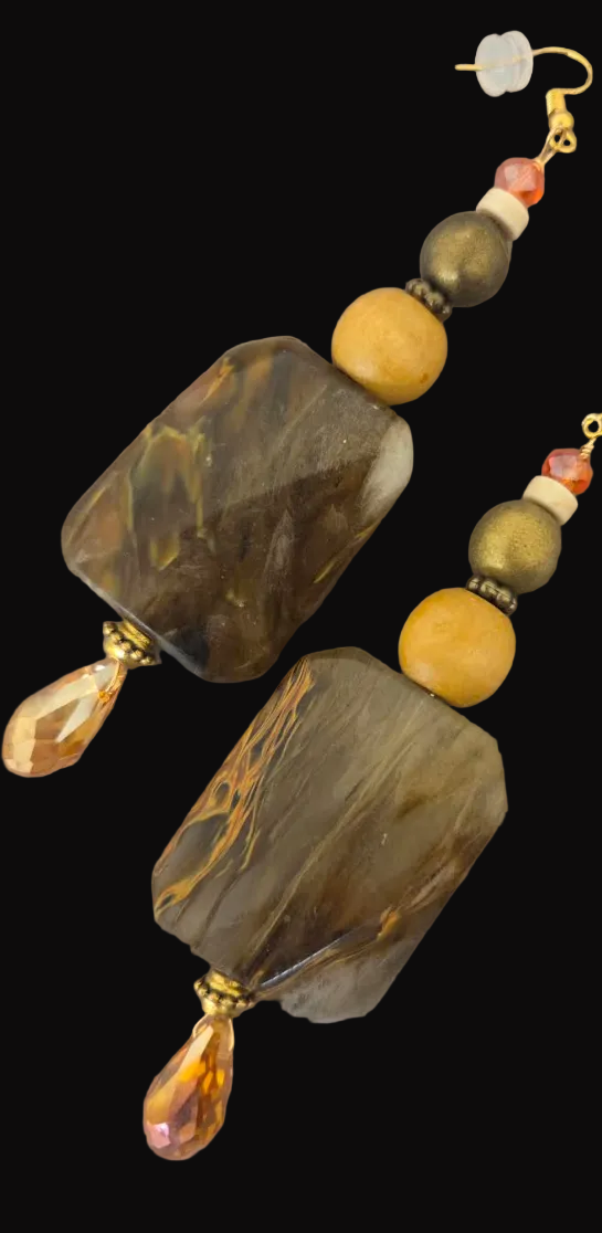 Oversized Hematoid Quartz Beaded Dangle Pierced Earring - Earthy