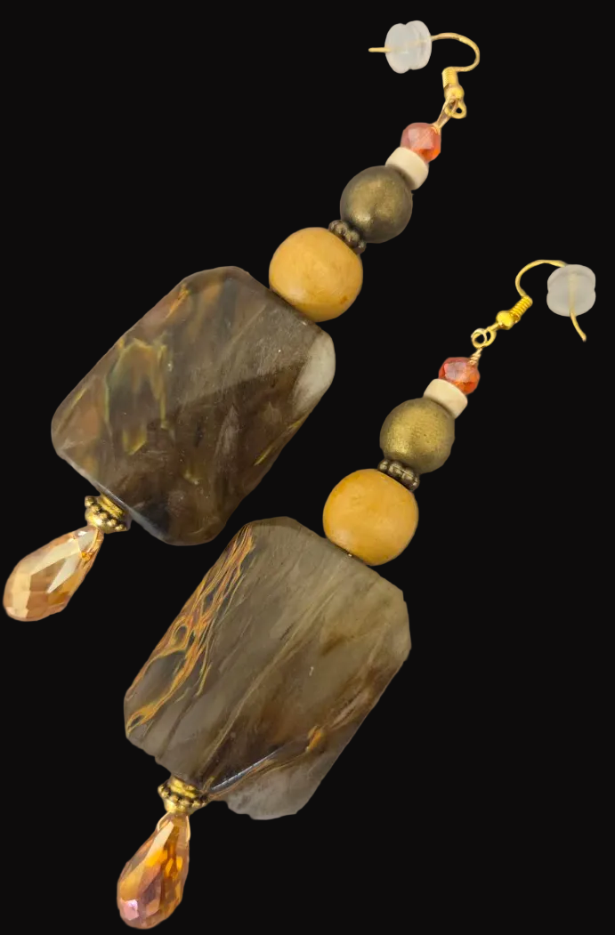 Oversized Hematoid Quartz Beaded Dangle Pierced Earring - Earthy