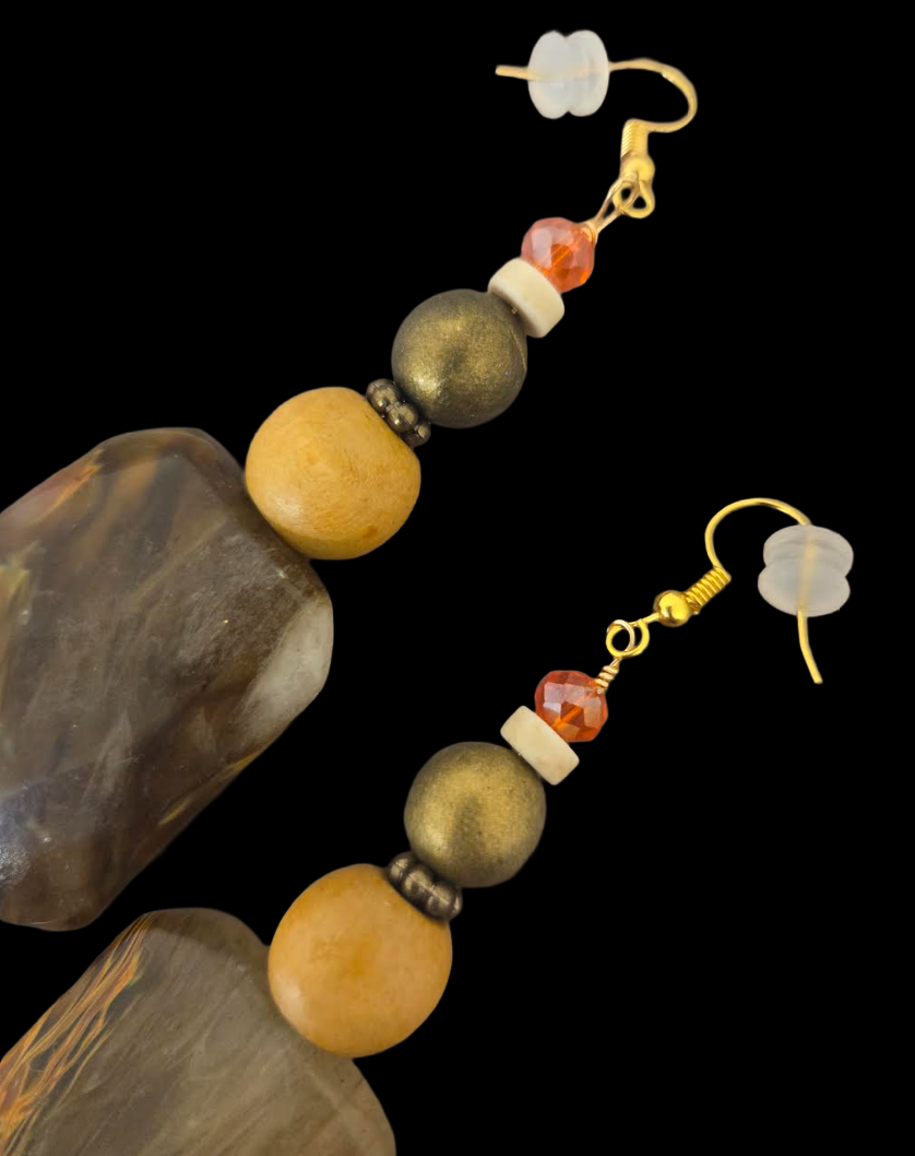 Oversized Hematoid Quartz Beaded Dangle Pierced Earring - Earthy