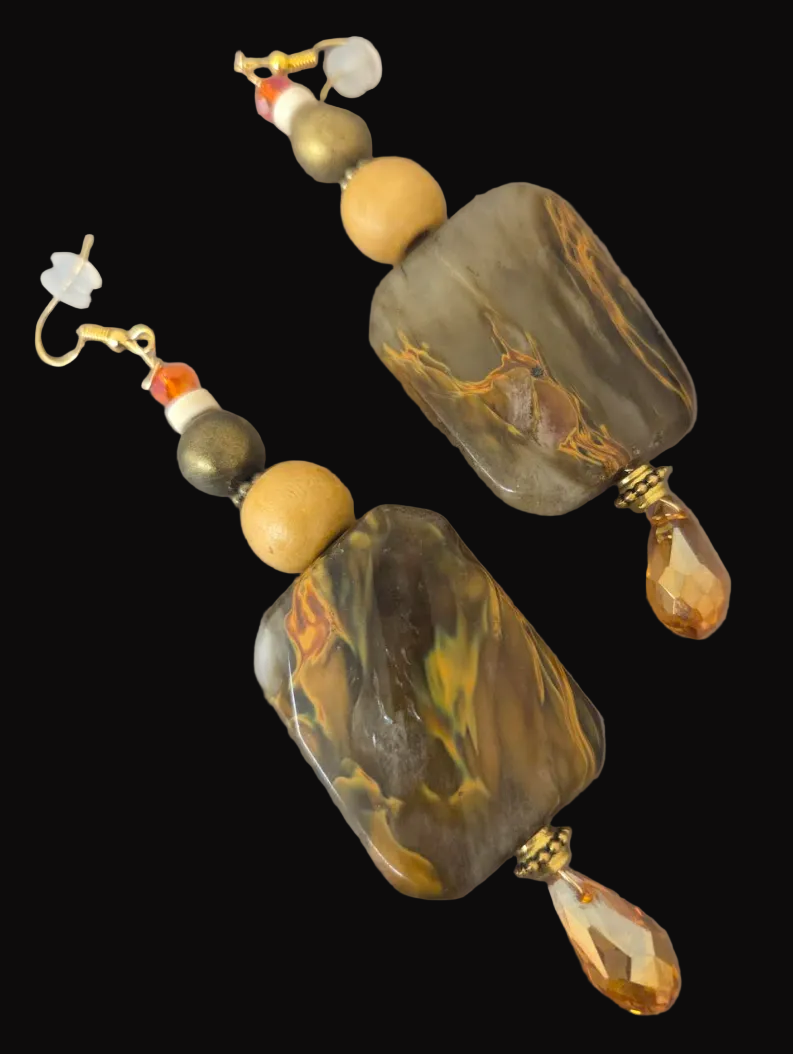 Oversized Hematoid Quartz Beaded Dangle Pierced Earring - Earthy