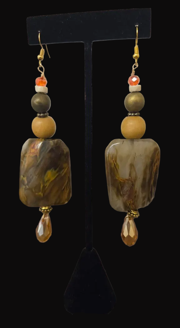 Oversized Hematoid Quartz Beaded Dangle Pierced Earring - Earthy