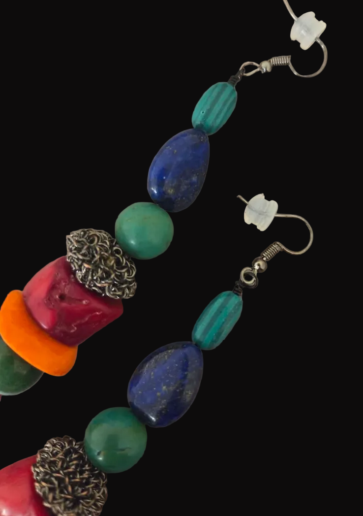 Multi Colored Mixed Gemstone Long Pierced Earrings - Bold Chunky