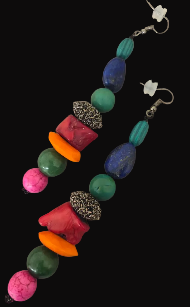 Multi Colored Mixed Gemstone Long Pierced Earrings - Bold Chunky