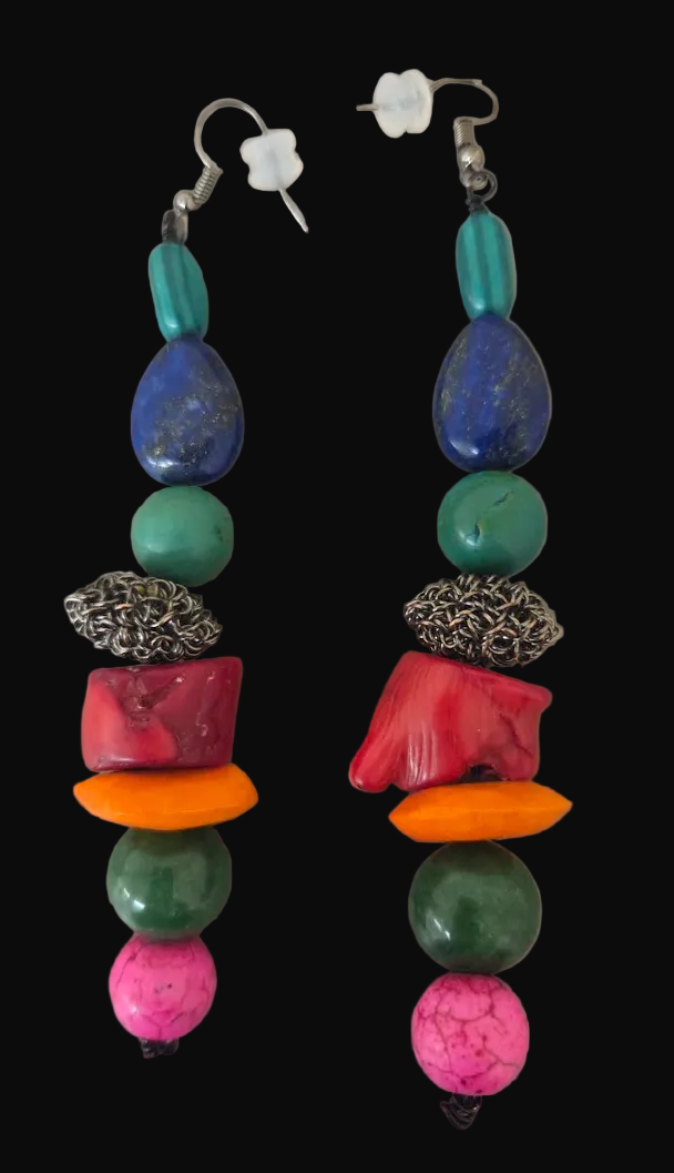 Multi Colored Mixed Gemstone Long Pierced Earrings - Bold Chunky