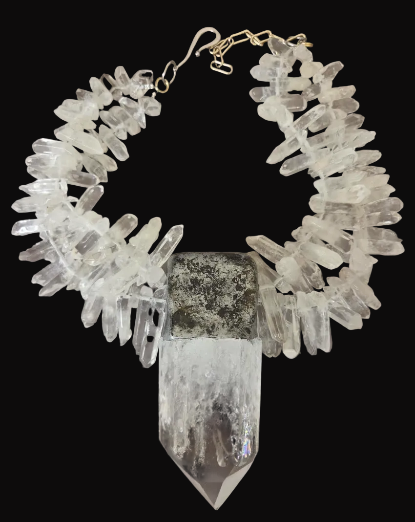 Sculpted Quartz Point Pendant With Multi-Strand Quartz Necklace - Icy