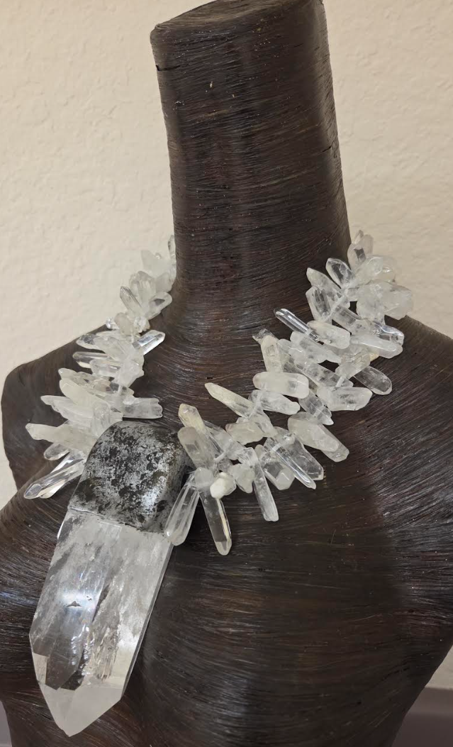 Sculpted Quartz Point Pendant With Multi-Strand Quartz Necklace - Icy