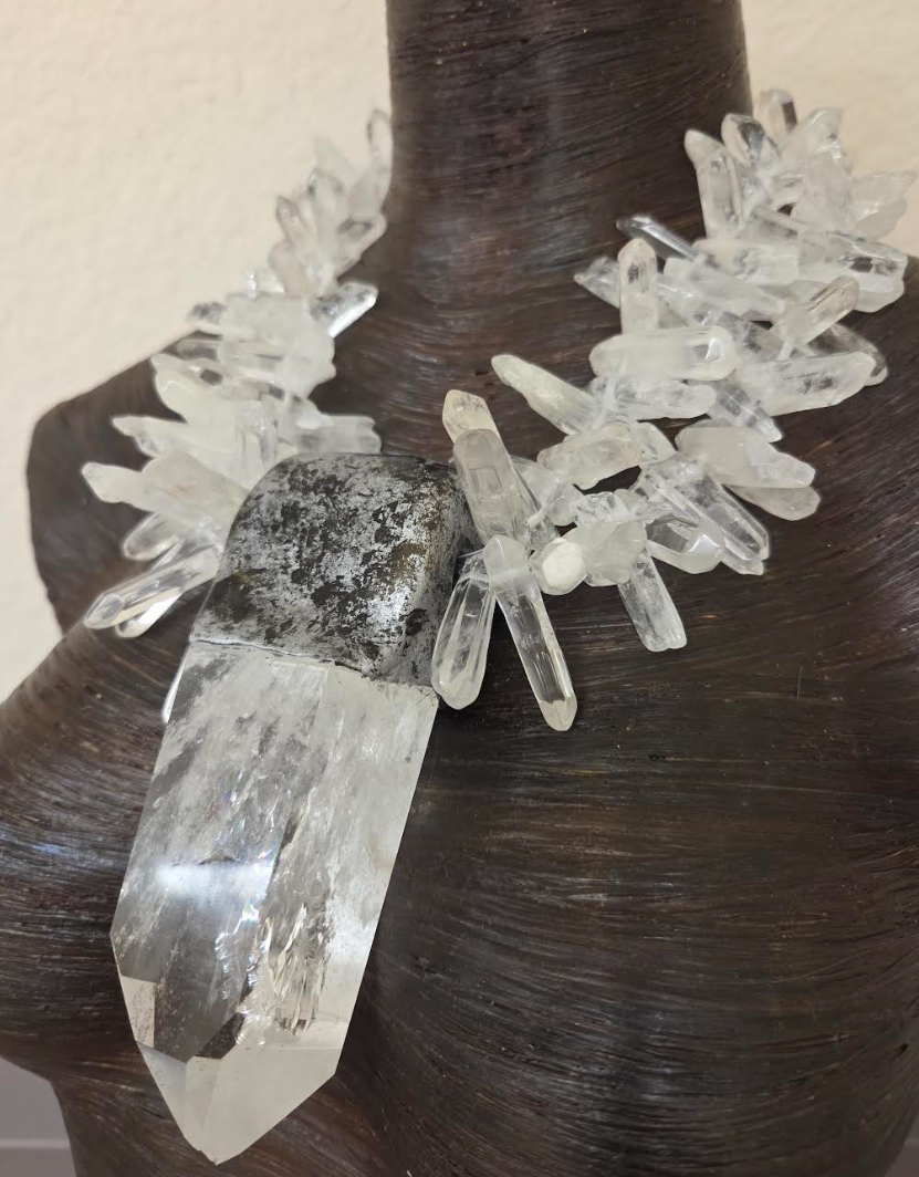 Sculpted Quartz Point Pendant With Multi-Strand Quartz Necklace - Icy