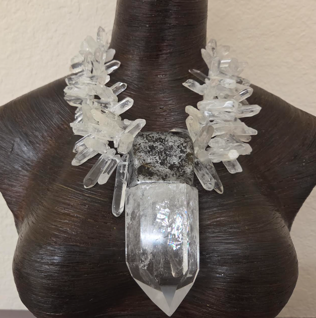 Sculpted Quartz Point Pendant With Multi-Strand Quartz Necklace - Icy