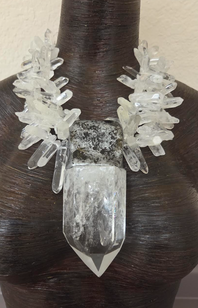 Sculpted Quartz Point Pendant With Multi-Strand Quartz Necklace - Icy