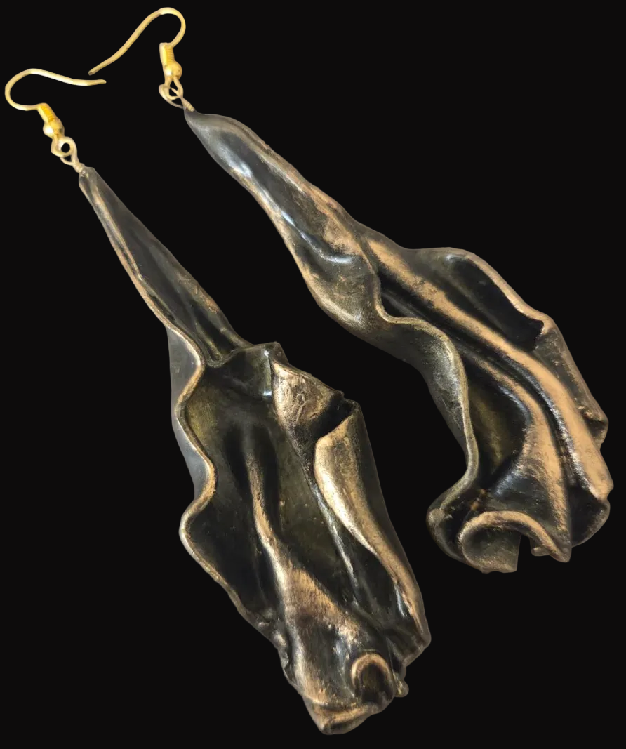 Hand Sculpted Deep Bronze Art Nouveau Shoulder Duster Pierced Earrings