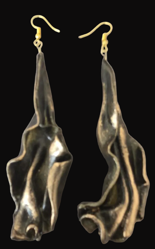 Hand Sculpted Deep Bronze Art Nouveau Shoulder Duster Pierced Earrings