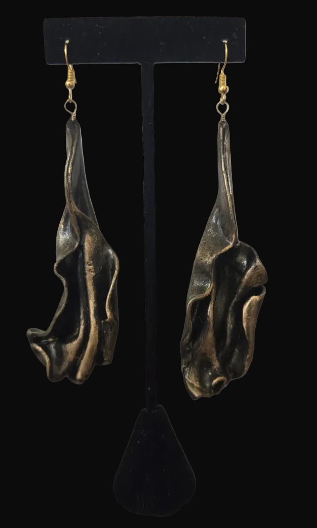 Hand Sculpted Deep Bronze Art Nouveau Shoulder Duster Pierced Earrings