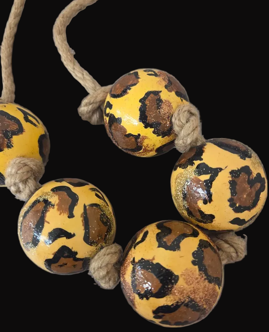 Hand Painted Leopard Jumbo Beaded Chest Piece with Hemp Rope - Unisex