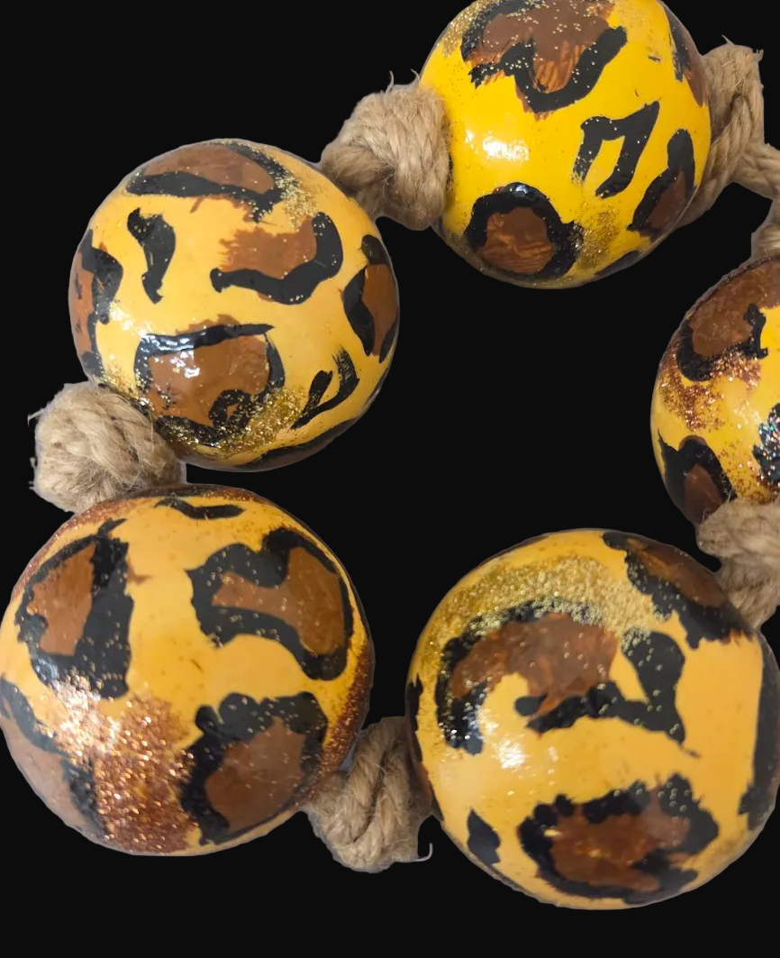Hand Painted Leopard Jumbo Beaded Chest Piece with Hemp Rope - Unisex