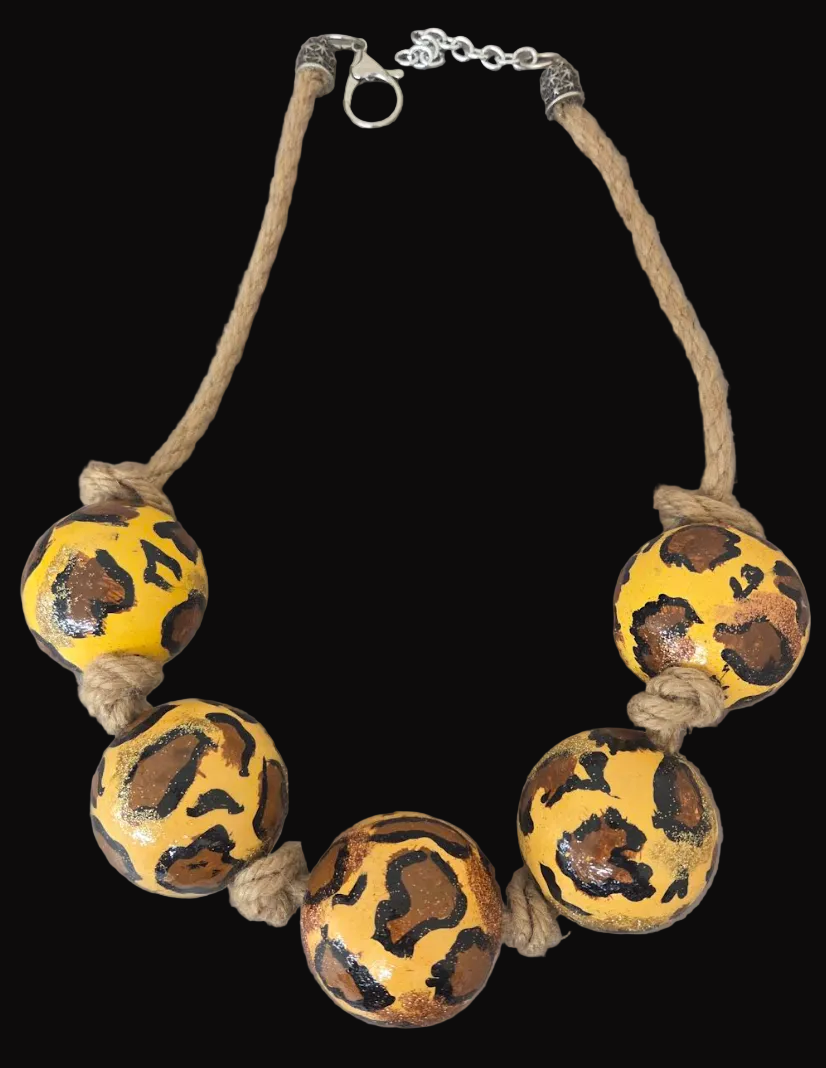 Hand Painted Leopard Jumbo Beaded Chest Piece with Hemp Rope - Unisex