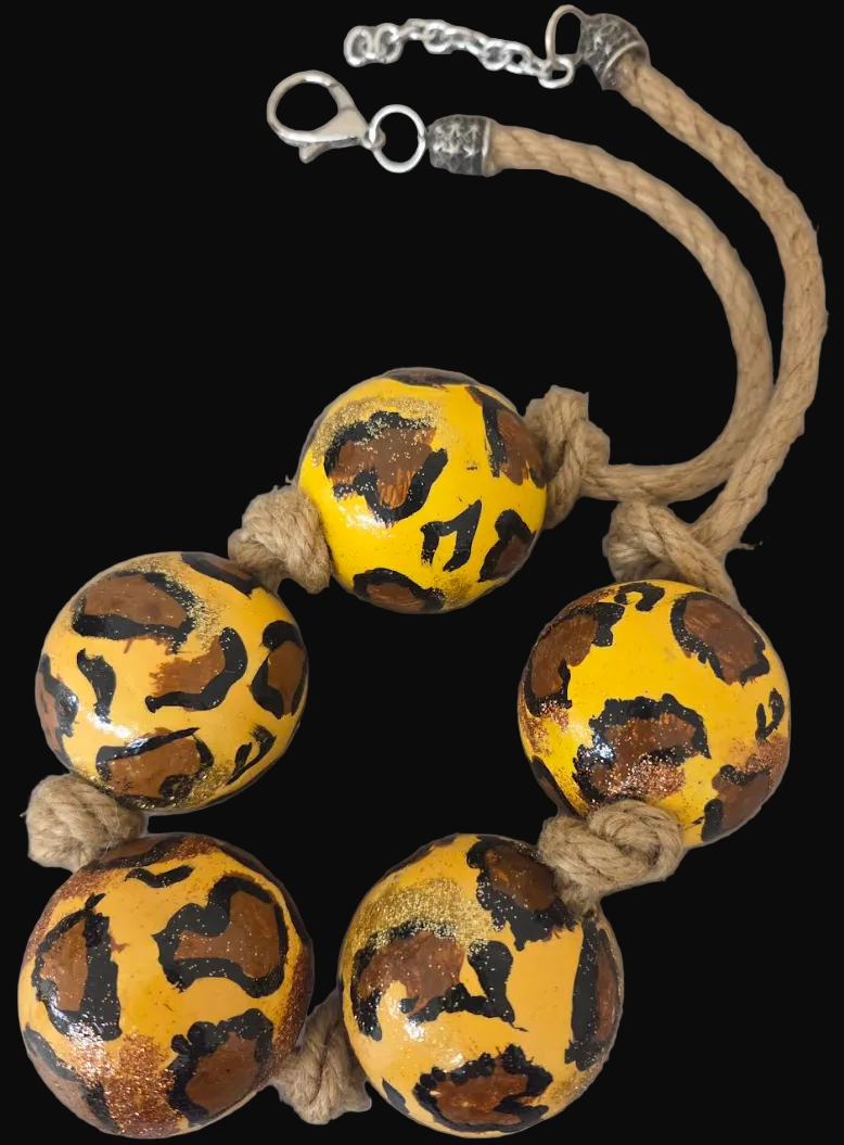 Hand Painted Leopard Jumbo Beaded Chest Piece with Hemp Rope - Unisex