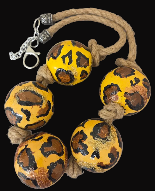 Hand Painted Leopard Jumbo Beaded Chest Piece with Hemp Rope - Unisex