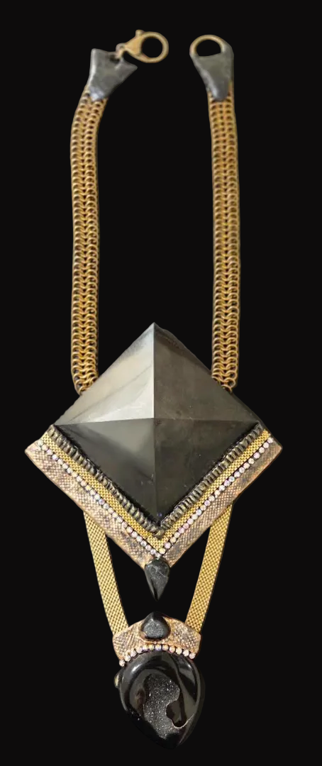 Mens Egyptian Revival Shungite Pyramid & Black Druzy Agate Chest Piece