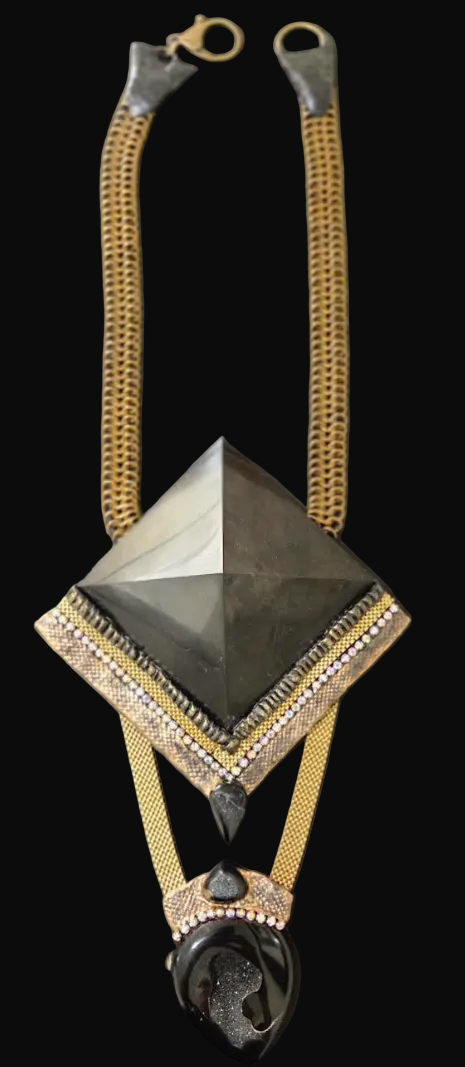 Mens Egyptian Revival Shungite Pyramid & Black Druzy Agate Chest Piece