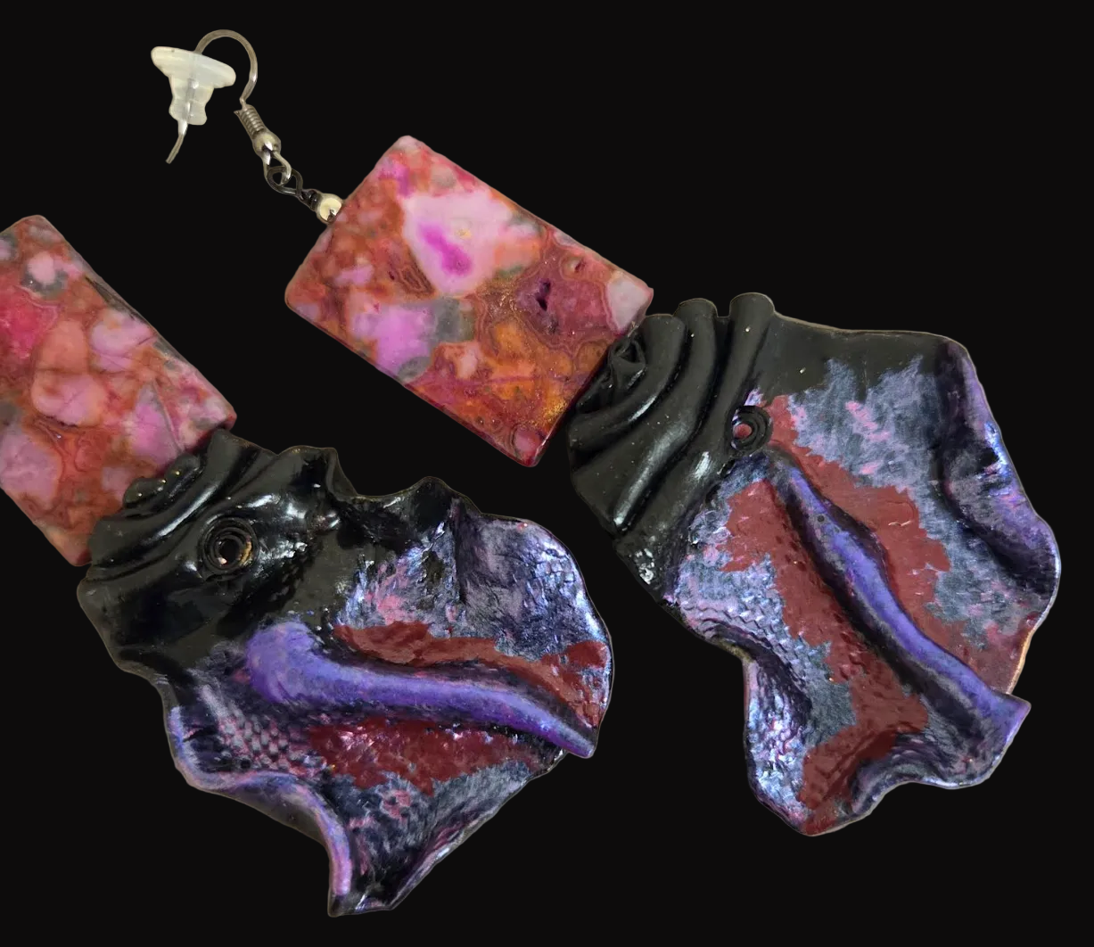 Pink Crazy Lace Agate & Faux Snakeskin Sculpted Pierced Earrings