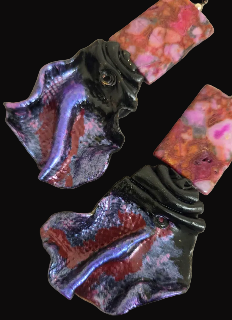Pink Crazy Lace Agate & Faux Snakeskin Sculpted Pierced Earrings