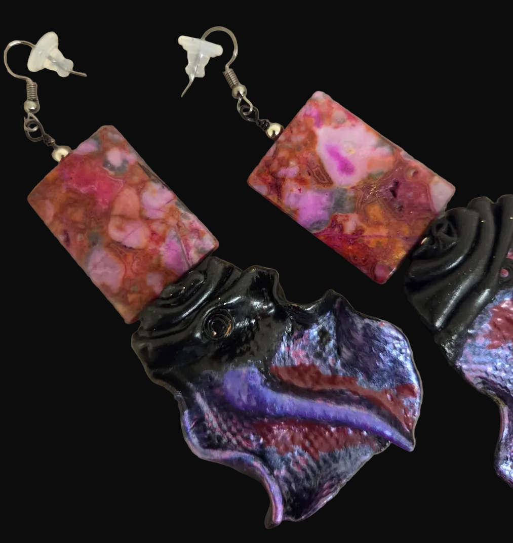 Pink Crazy Lace Agate & Faux Snakeskin Sculpted Pierced Earrings