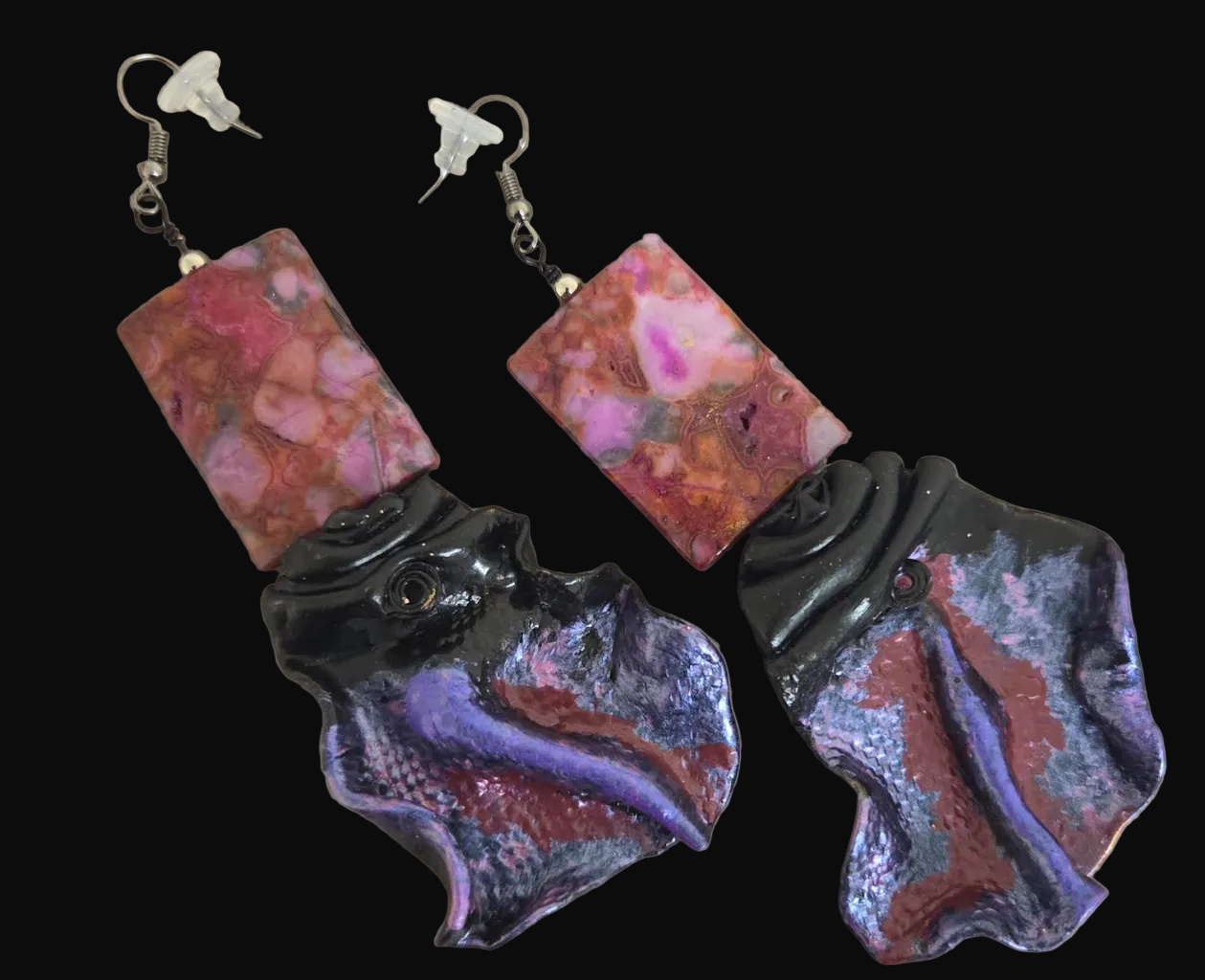 Pink Crazy Lace Agate & Faux Snakeskin Sculpted Pierced Earrings