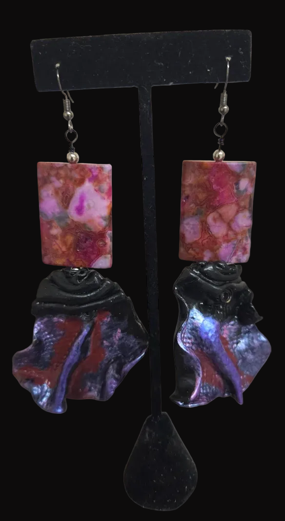 Pink Crazy Lace Agate & Faux Snakeskin Sculpted Pierced Earrings